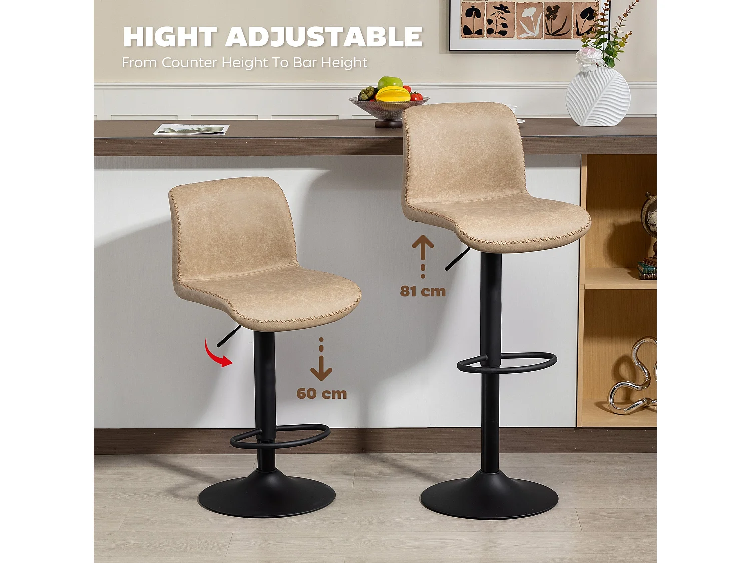 Salile Set of 2 Light Brown Faux Leather Adjustable Breakfast Bar Chairs with Backrest