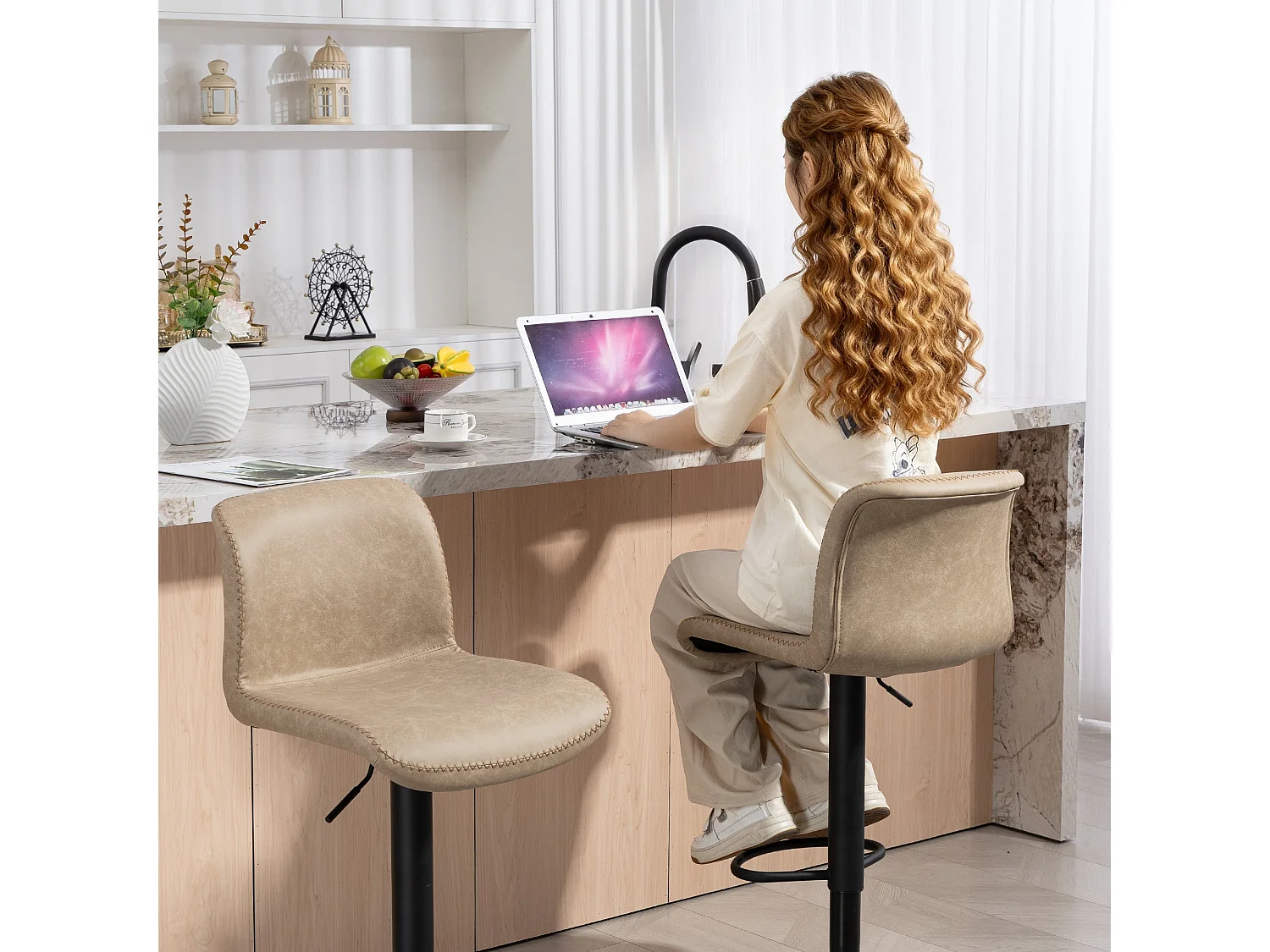Salile Set of 2 Light Brown Faux Leather Adjustable Breakfast Bar Chairs with Backrest