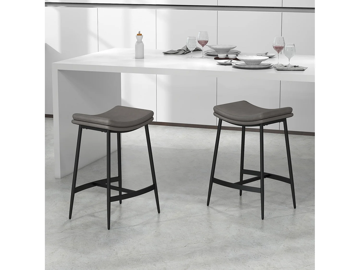 Ralura Set of 2 Grey Industrial Microfiber Breakfast Bar Stools Curved Padded Seat