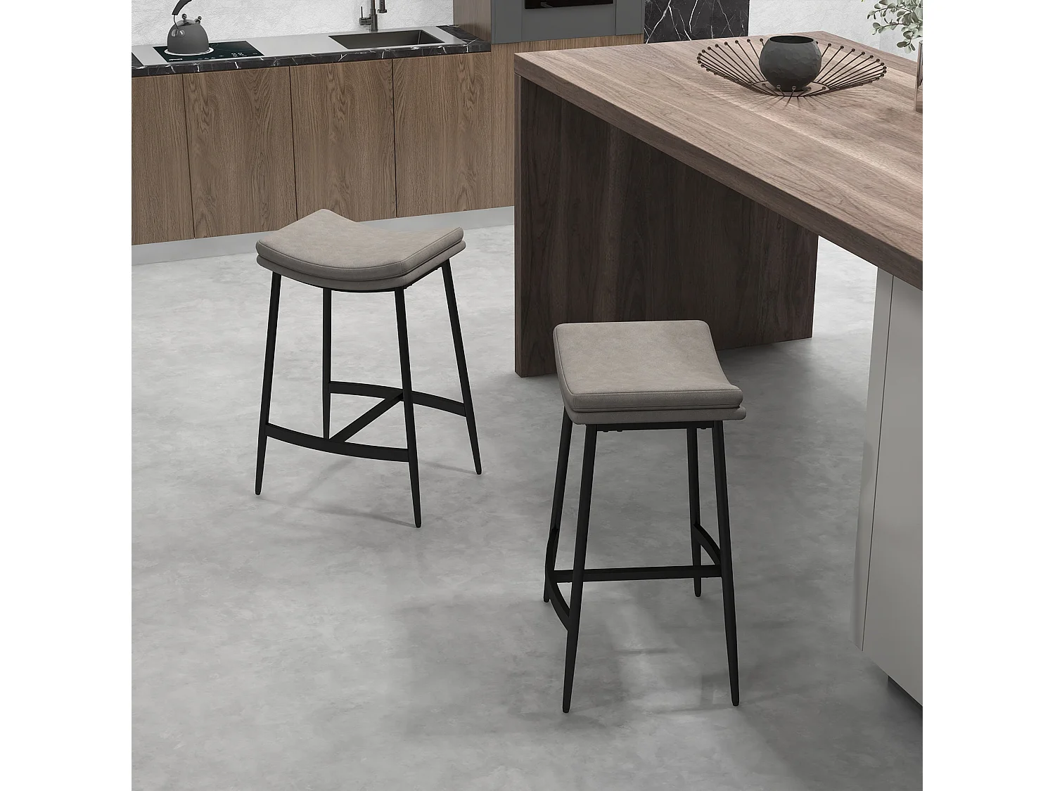 Ralura Set of 2 Grey Industrial Microfiber Breakfast Bar Stools Curved Padded Seat
