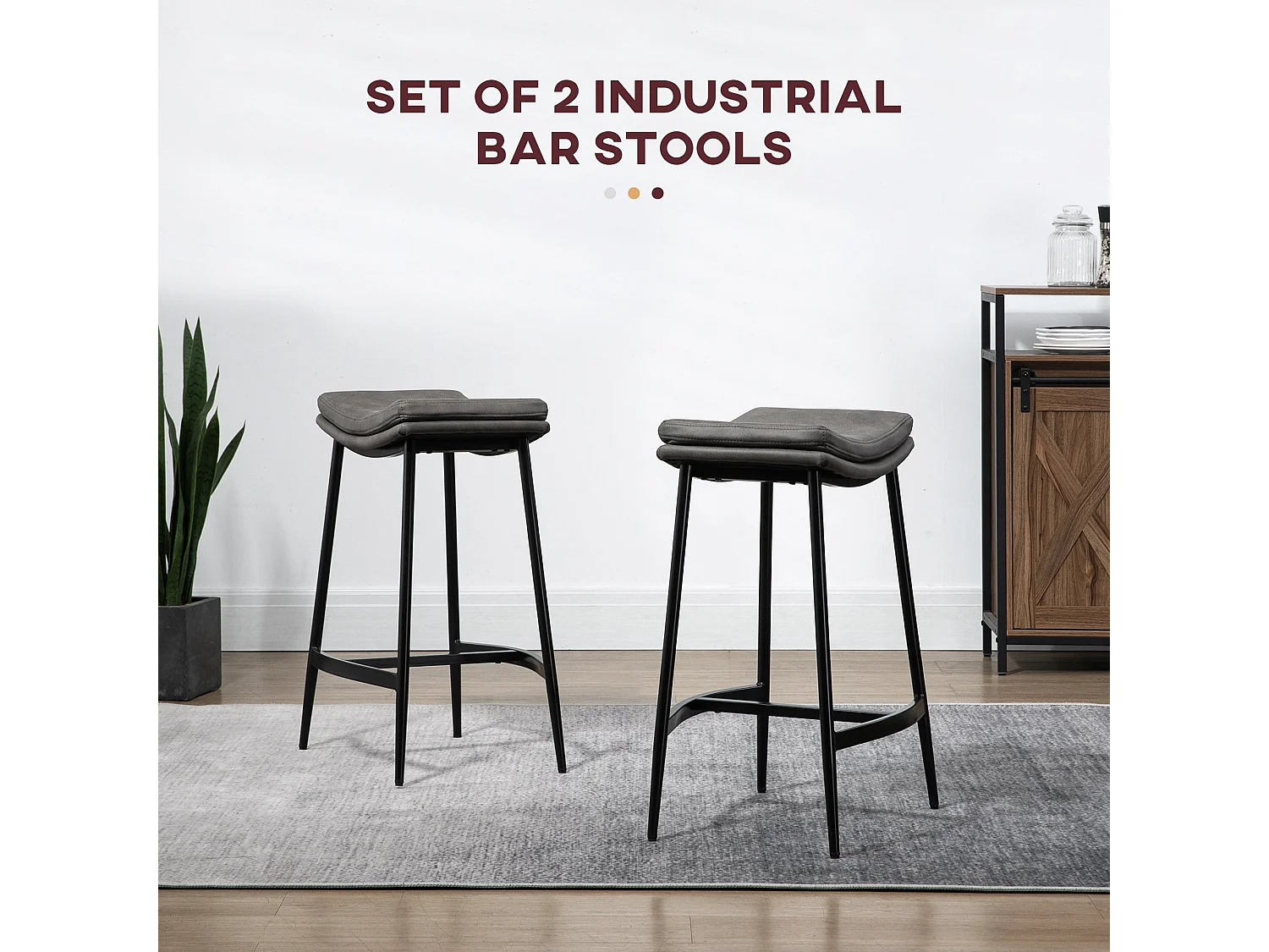 Ralura Set of 2 Grey Industrial Microfiber Breakfast Bar Stools Curved Padded Seat