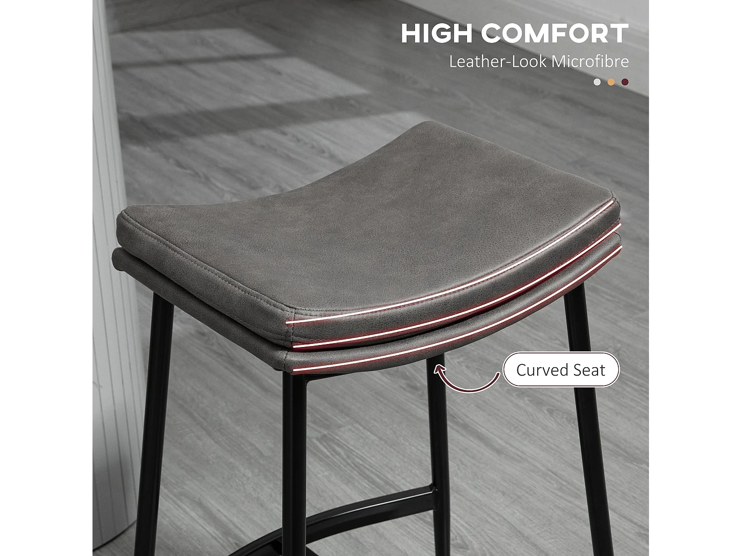 Ralura Set of 2 Grey Industrial Microfiber Breakfast Bar Stools Curved Padded Seat