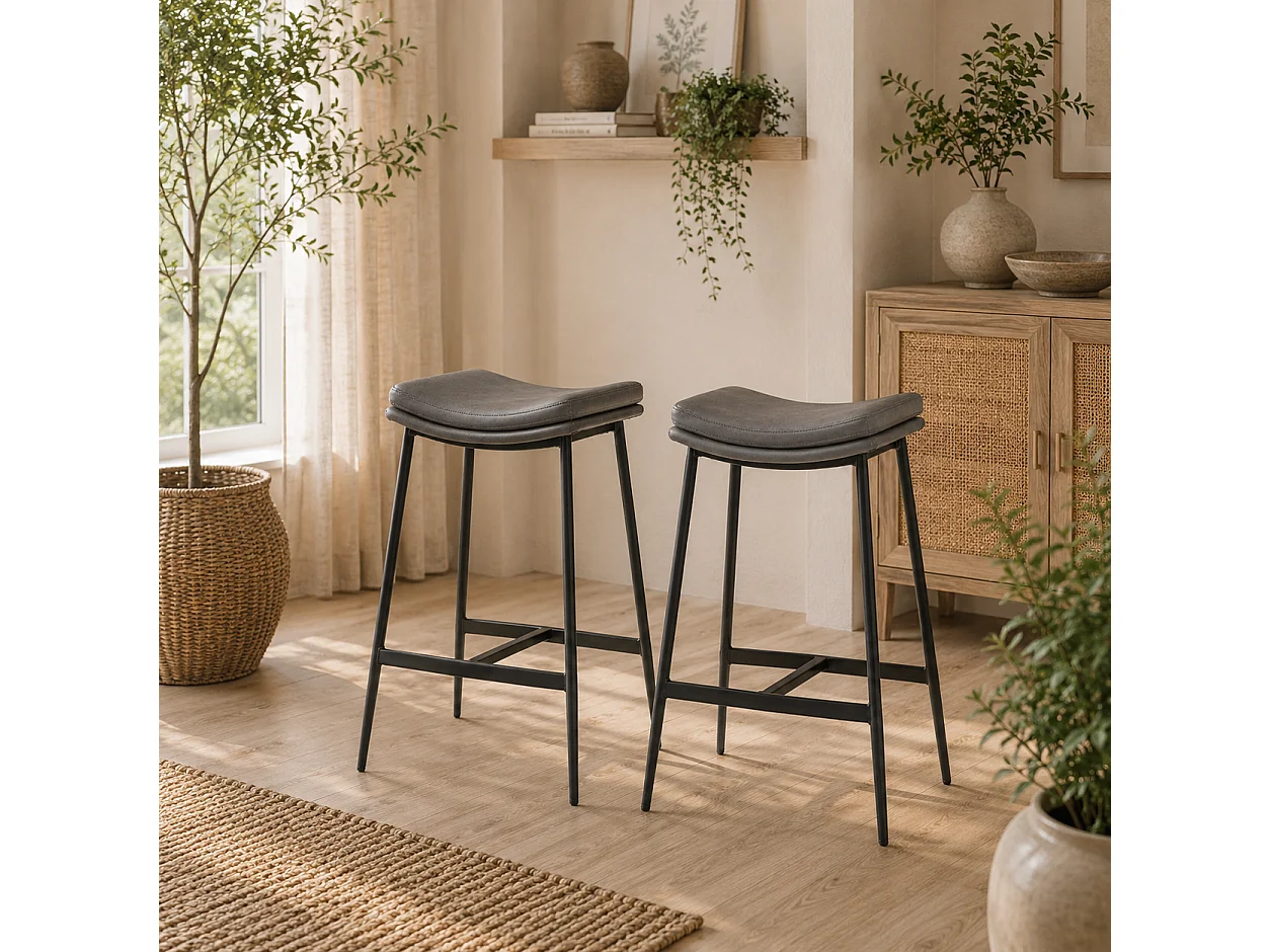 Ralura Set of 2 Grey Industrial Microfiber Breakfast Bar Stools Curved Padded Seat