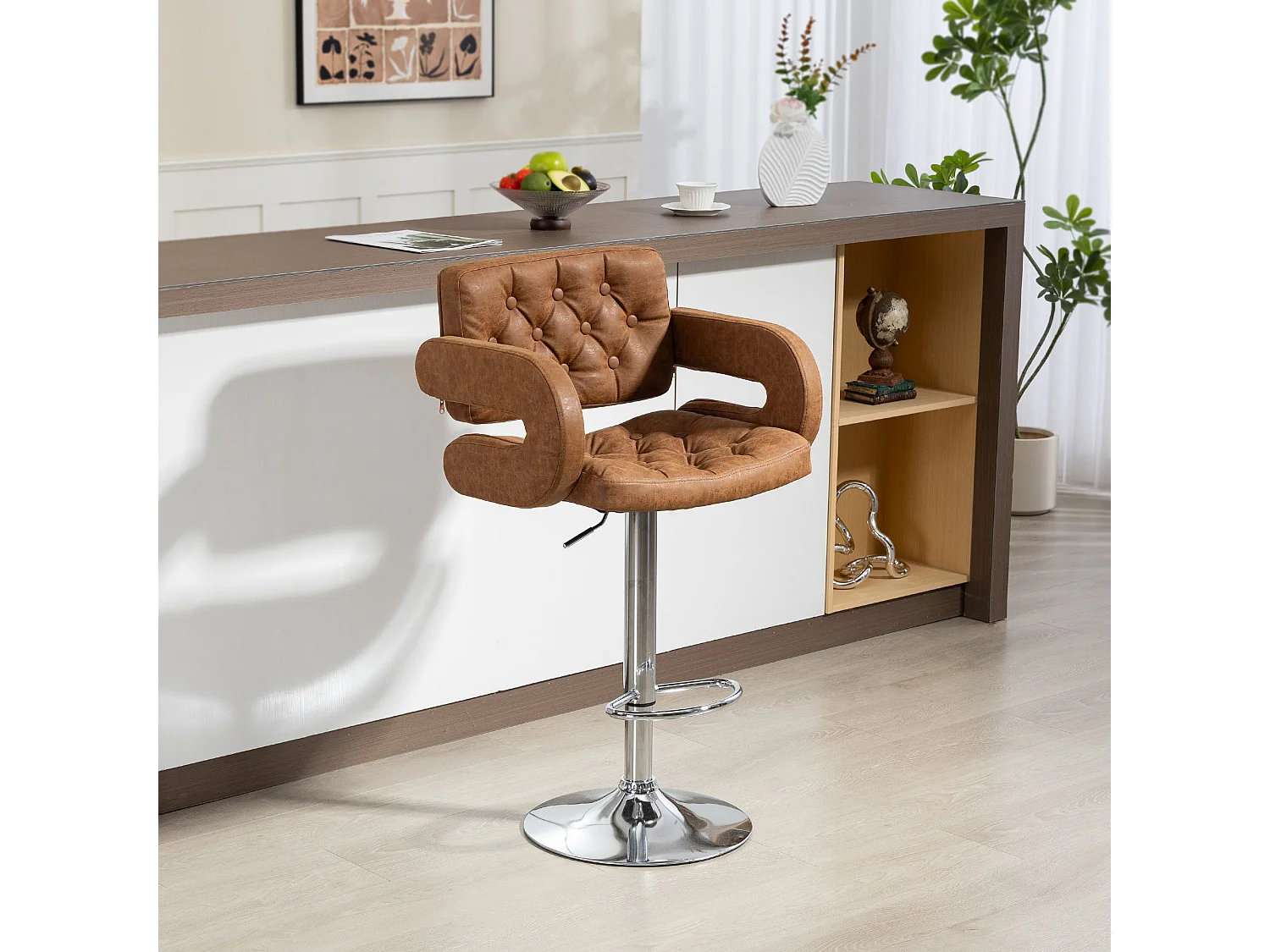 Dovetti Brown Faux Leather Swivel Bar Stool Adjustable Height Back Arms and Footrest