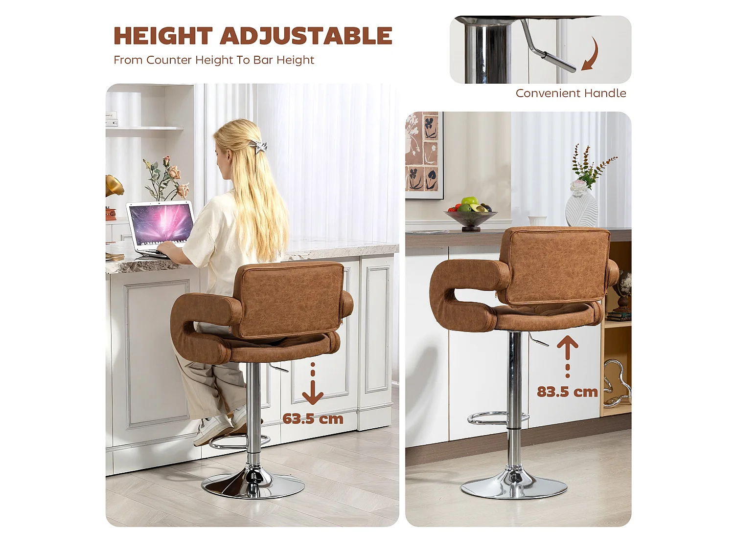 Dovetti Brown Faux Leather Swivel Bar Stool Adjustable Height Back Arms and Footrest