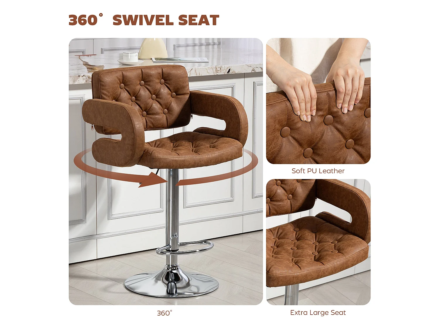 Dovetti Brown Faux Leather Swivel Bar Stool Adjustable Height Back Arms and Footrest