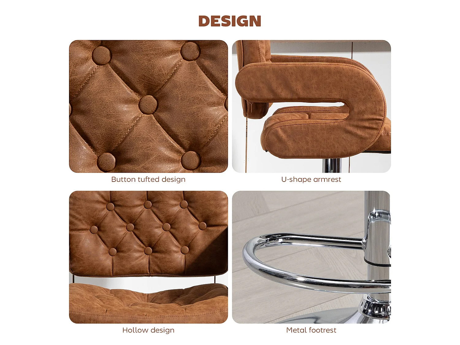 Dovetti Brown Faux Leather Swivel Bar Stool Adjustable Height Back Arms and Footrest
