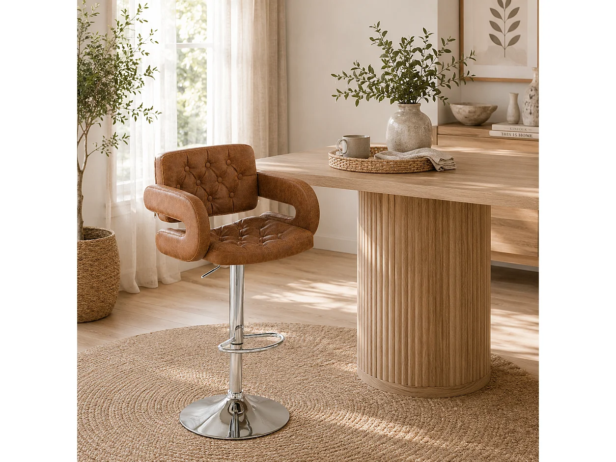 Dovetti Brown Faux Leather Swivel Bar Stool Adjustable Height Back Arms and Footrest