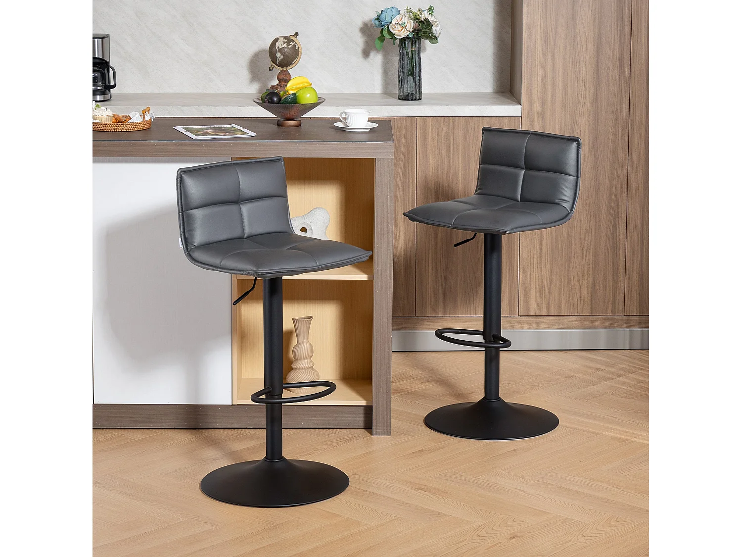 Miha Set of 2 Dark Grey Faux Leather Adjustable Bar Stools