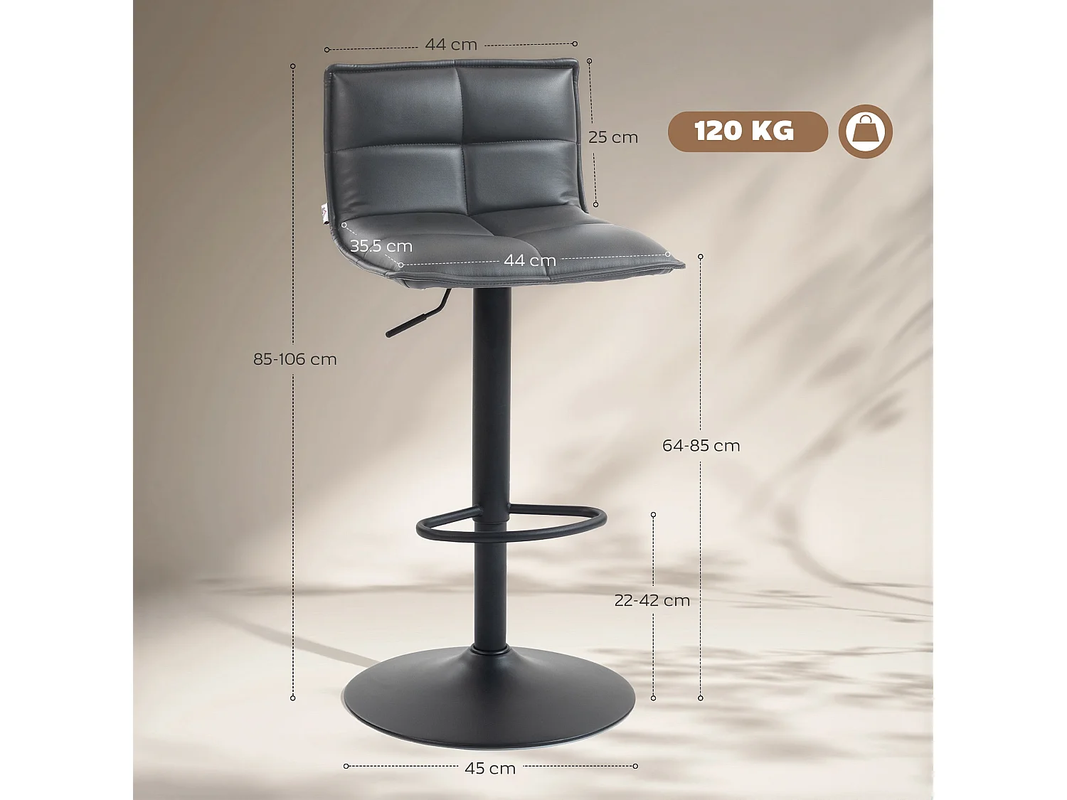 Miha Set of 2 Dark Grey Faux Leather Adjustable Bar Stools