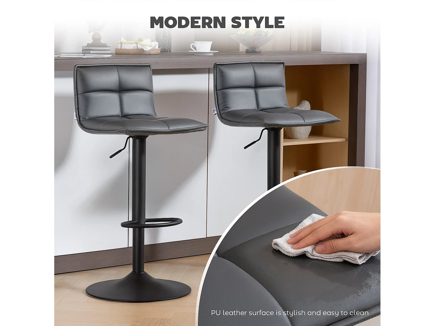 Miha Set of 2 Dark Grey Faux Leather Adjustable Bar Stools