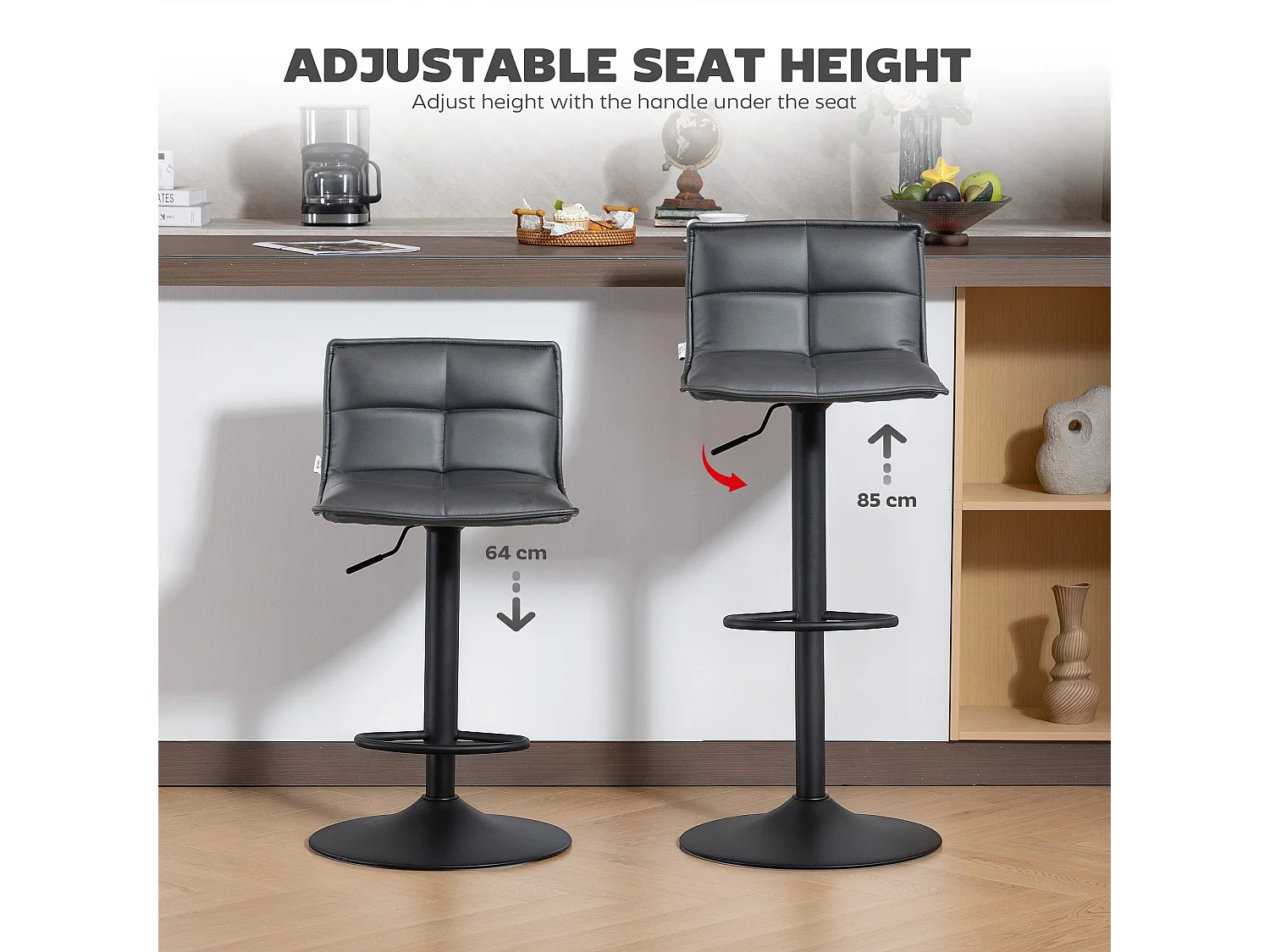 Miha Set of 2 Dark Grey Faux Leather Adjustable Bar Stools