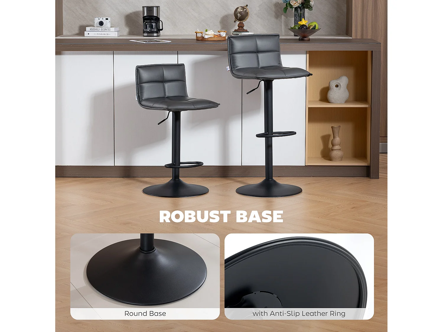 Miha Set of 2 Dark Grey Faux Leather Adjustable Bar Stools