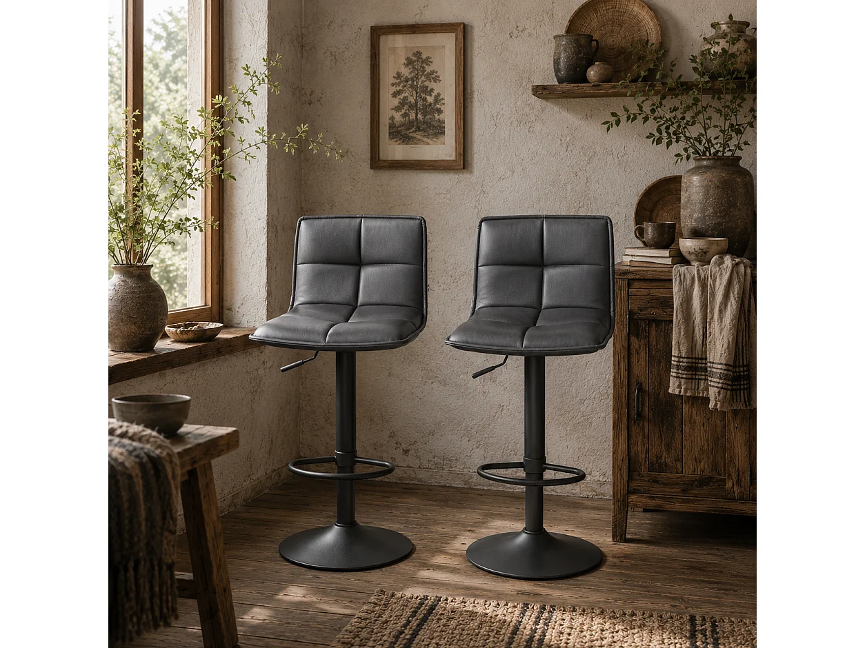 Miha Set of 2 Dark Grey Faux Leather Adjustable Bar Stools