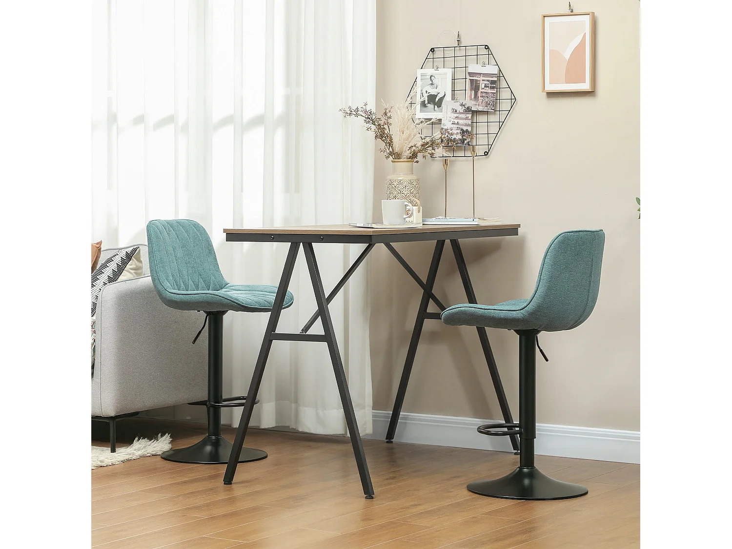 Loelne Blue Linen Look Bar Stools Set of 2 Adjustable Swivel Powder Coated Steel Base