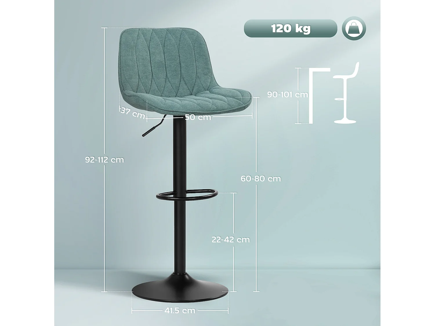 Loelne Blue Linen Look Bar Stools Set of 2 Adjustable Swivel Powder Coated Steel Base