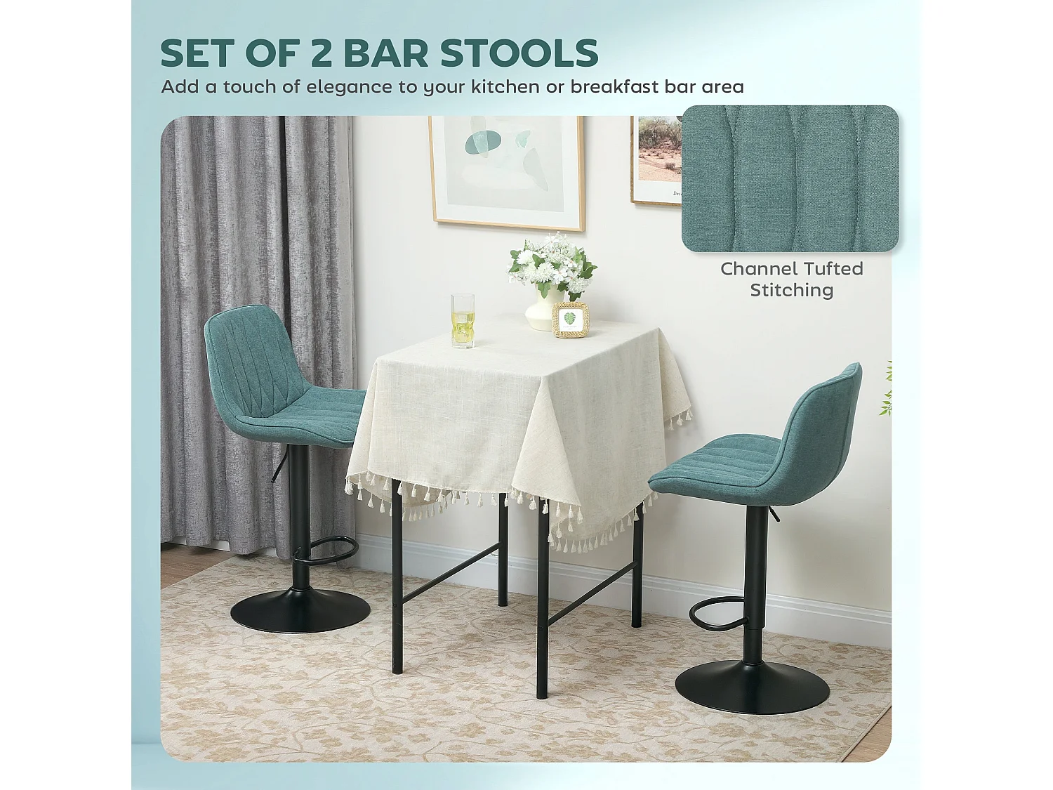 Loelne Blue Linen Look Bar Stools Set of 2 Adjustable Swivel Powder Coated Steel Base