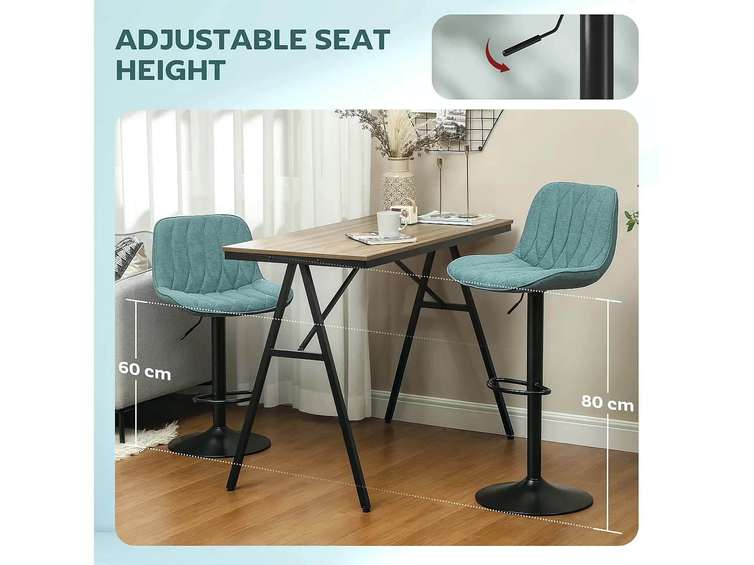 Loelne Blue Linen Look Bar Stools Set of 2 Adjustable Swivel Powder Coated Steel Base