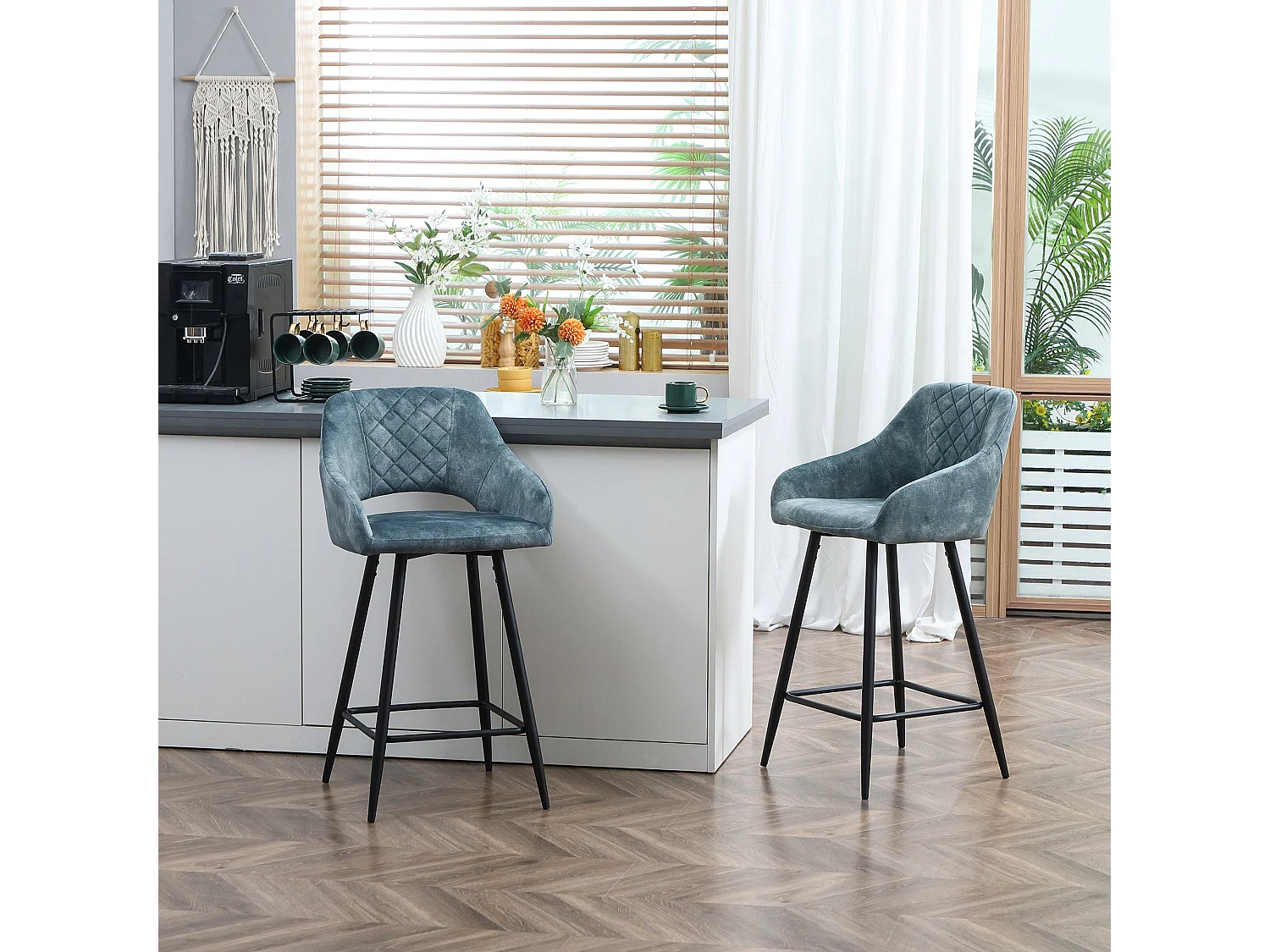 Lona Bale Set of 2 Blue Velvet Touch Counter Bar Stools with Steel Legs