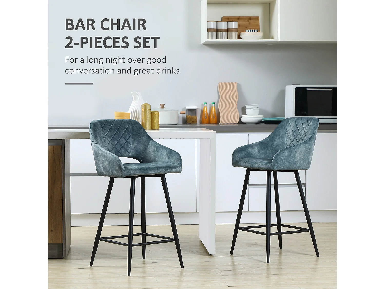Lona Bale Set of 2 Blue Velvet Touch Counter Bar Stools with Steel Legs