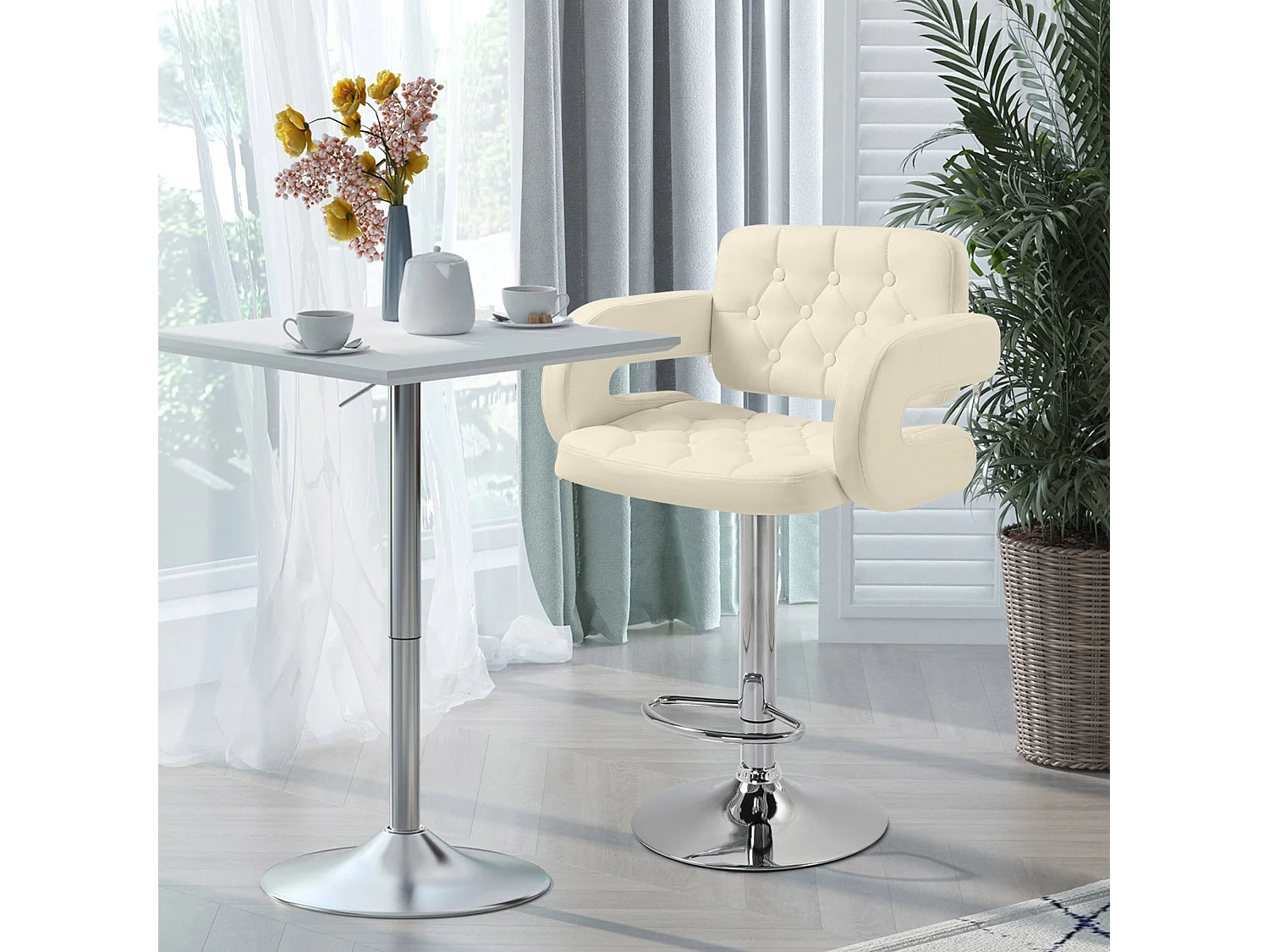 Filena Faux Leather Beige Adjustable Swivel Bar Stool With Armrests and Footrest
