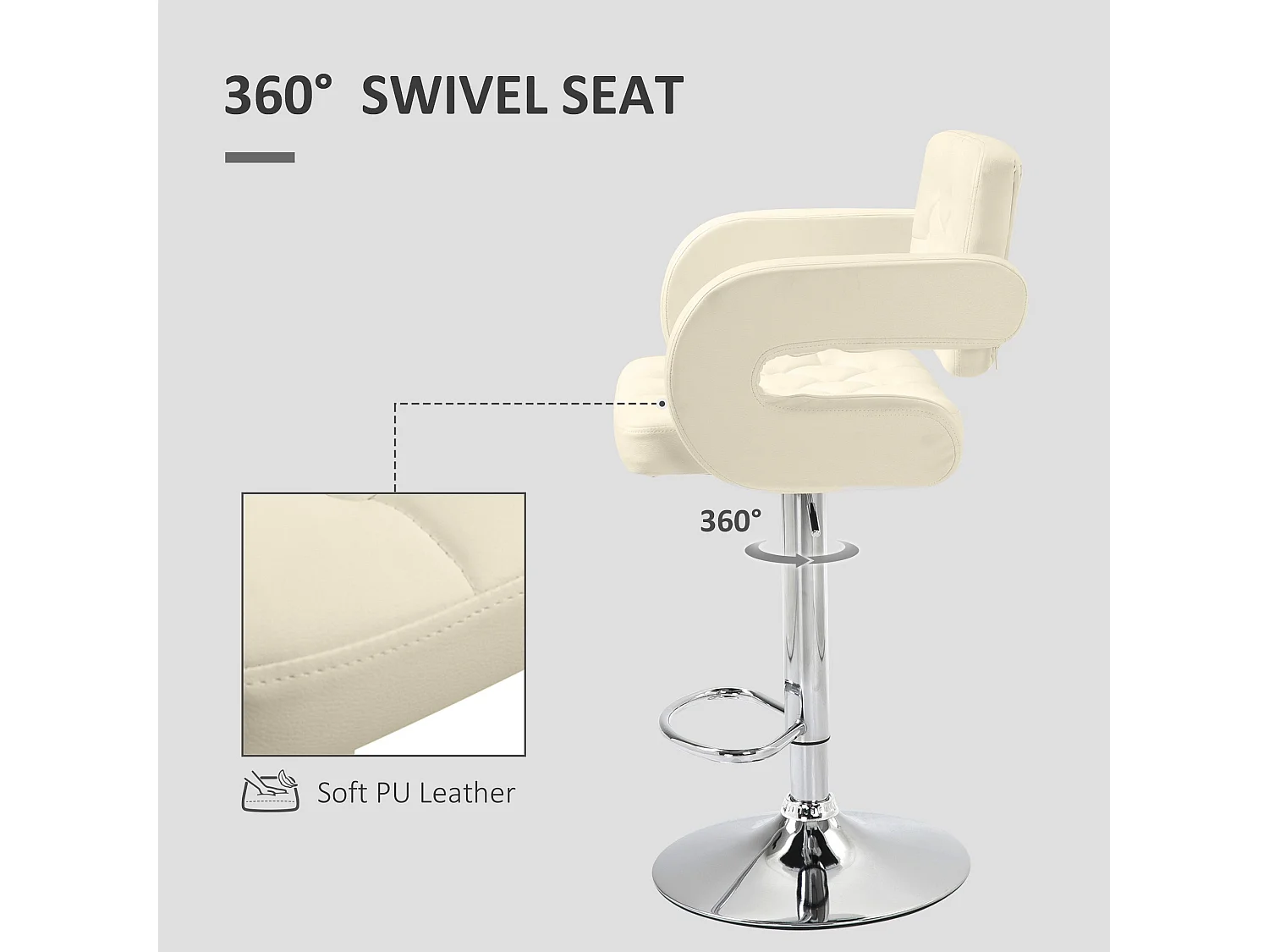 Filena Faux Leather Beige Adjustable Swivel Bar Stool With Armrests and Footrest