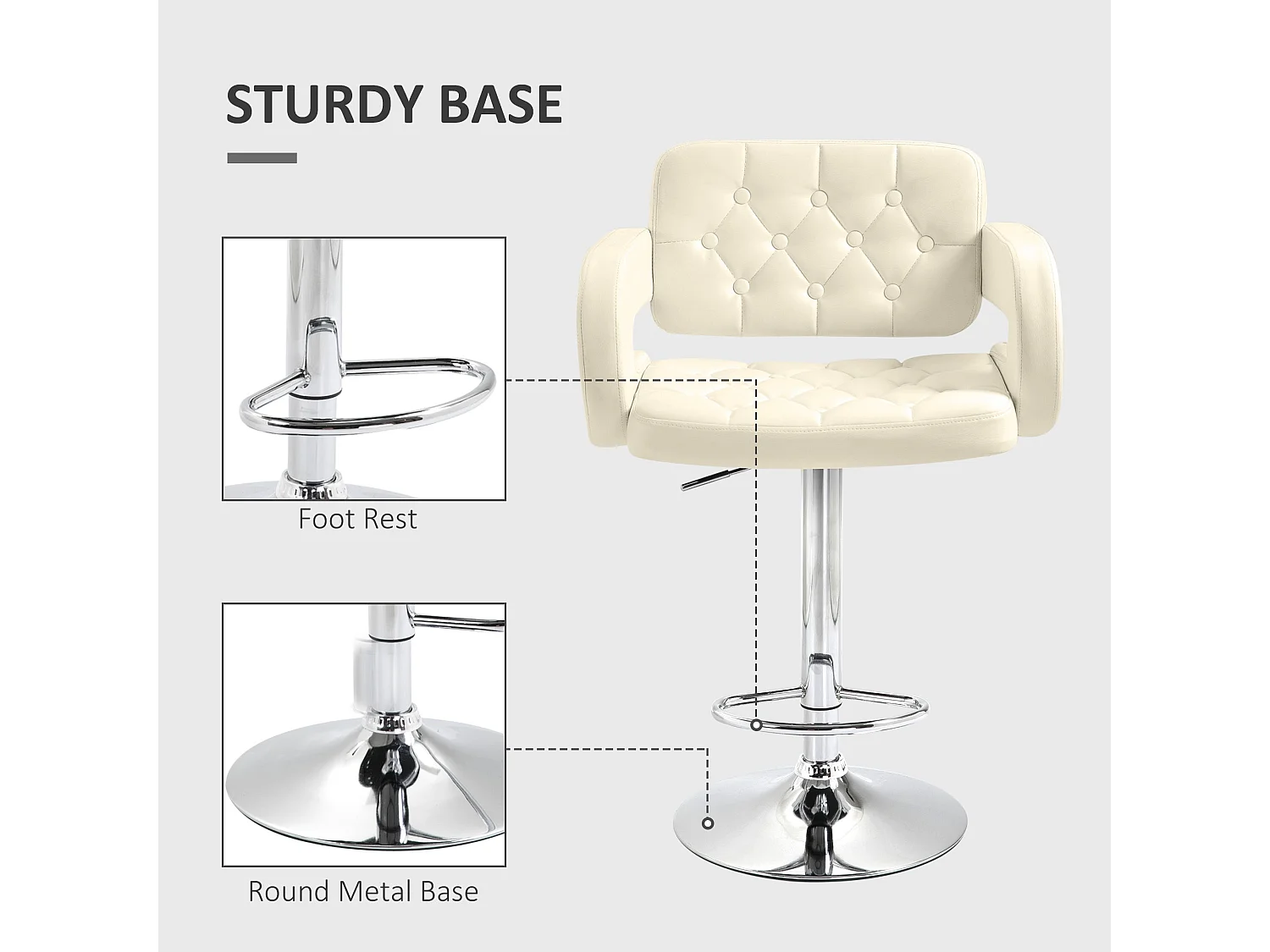 Filena Faux Leather Beige Adjustable Swivel Bar Stool With Armrests and Footrest