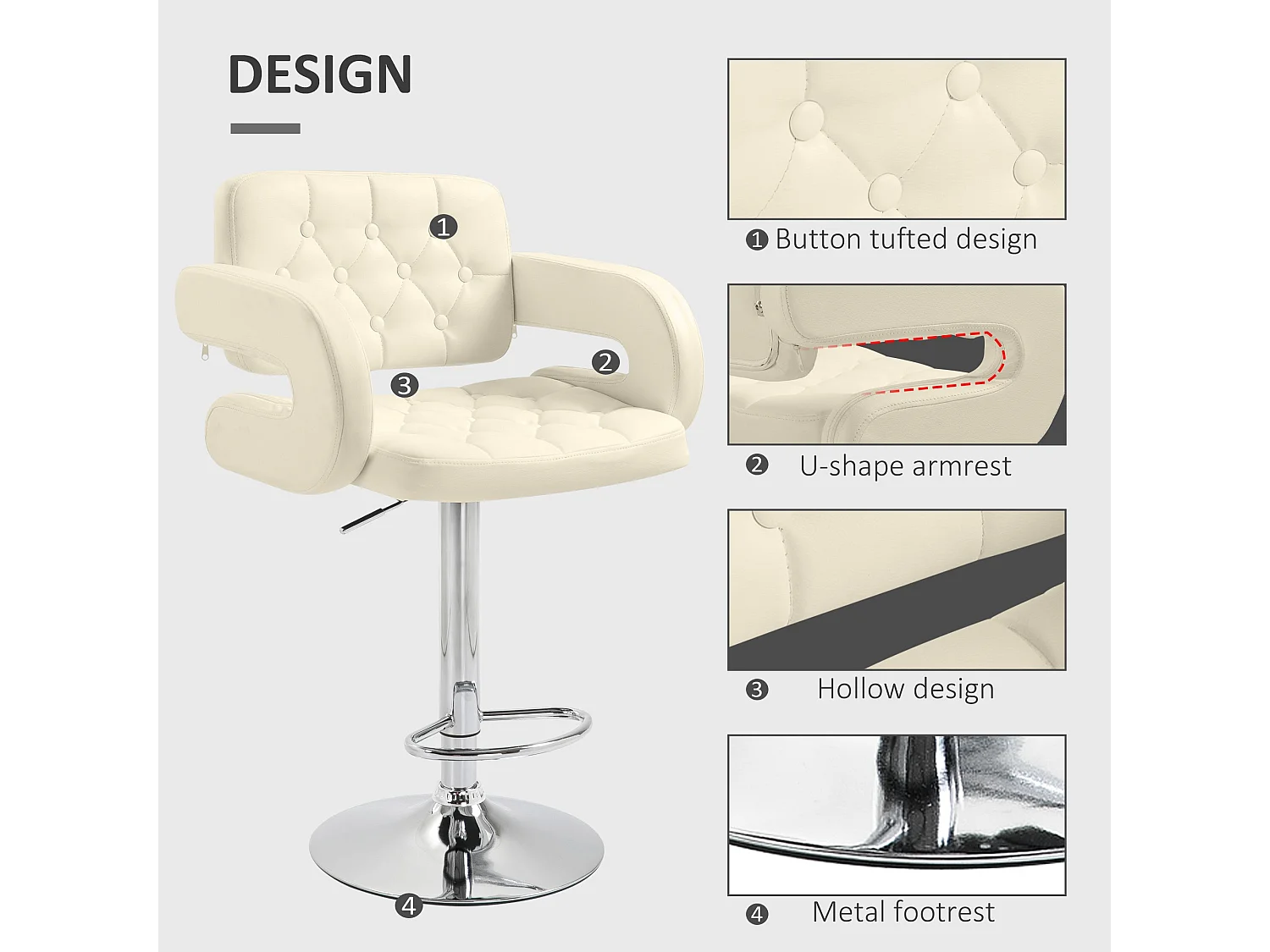 Filena Faux Leather Beige Adjustable Swivel Bar Stool With Armrests and Footrest