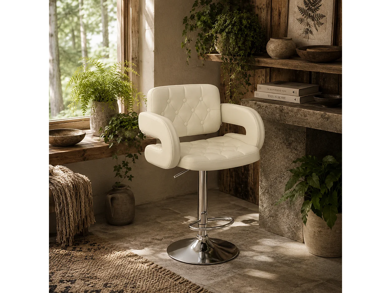 Filena Faux Leather Beige Adjustable Swivel Bar Stool With Armrests and Footrest