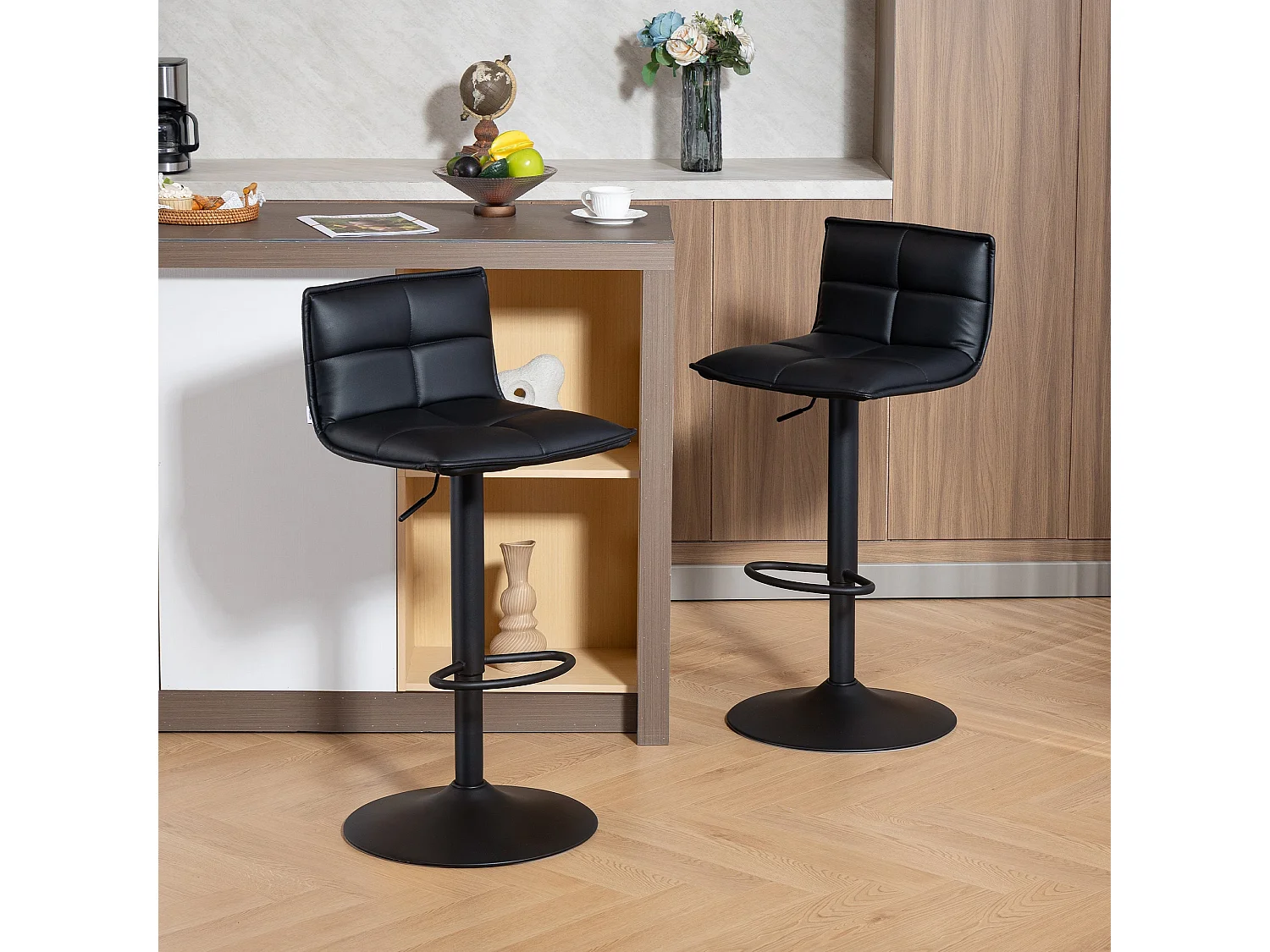 Miha Set of 2 Black Modern Faux Leather Adjustable Swivel Bar Stools