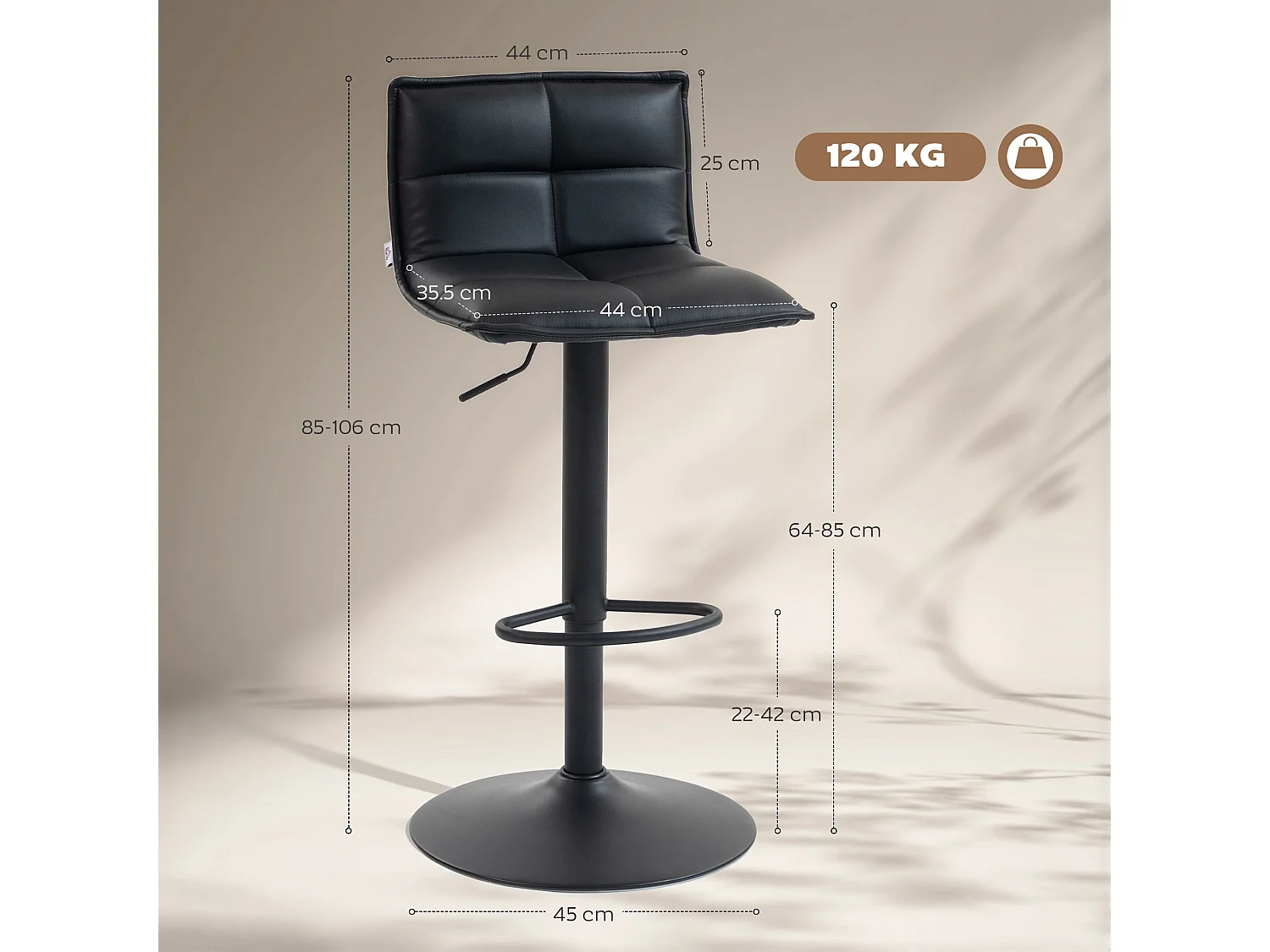 Miha Set of 2 Black Modern Faux Leather Adjustable Swivel Bar Stools