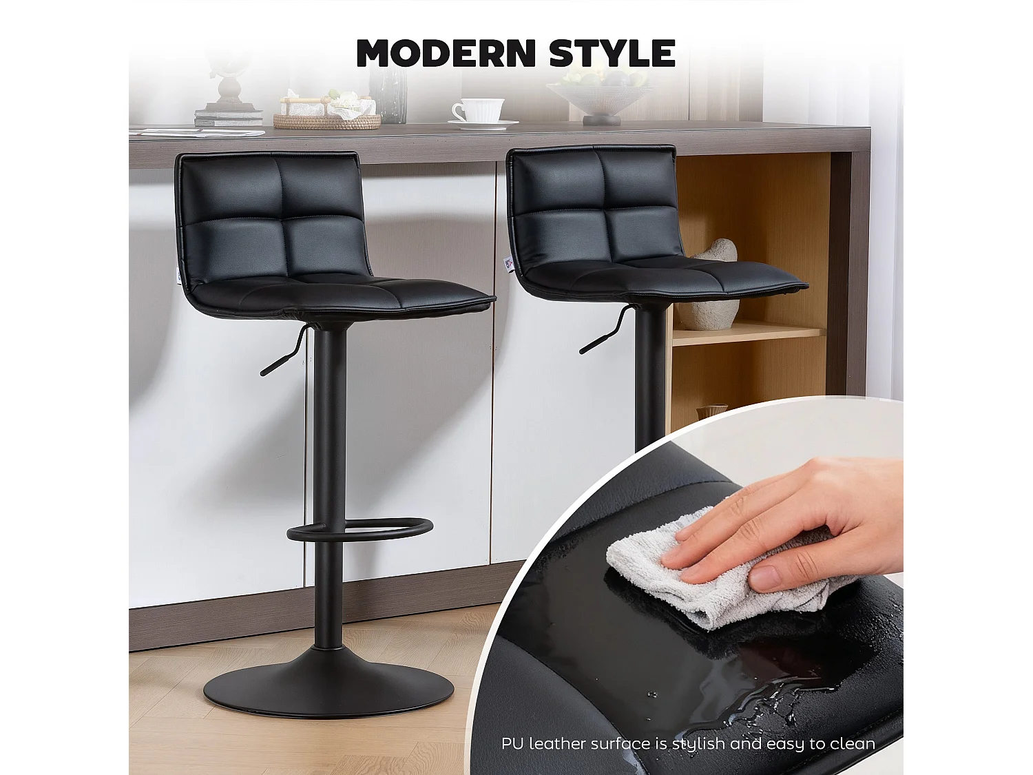 Miha Set of 2 Black Modern Faux Leather Adjustable Swivel Bar Stools