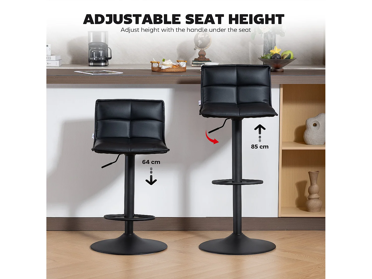 Miha Set of 2 Black Modern Faux Leather Adjustable Swivel Bar Stools