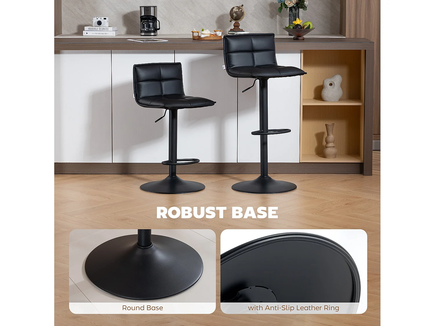 Miha Set of 2 Black Modern Faux Leather Adjustable Swivel Bar Stools
