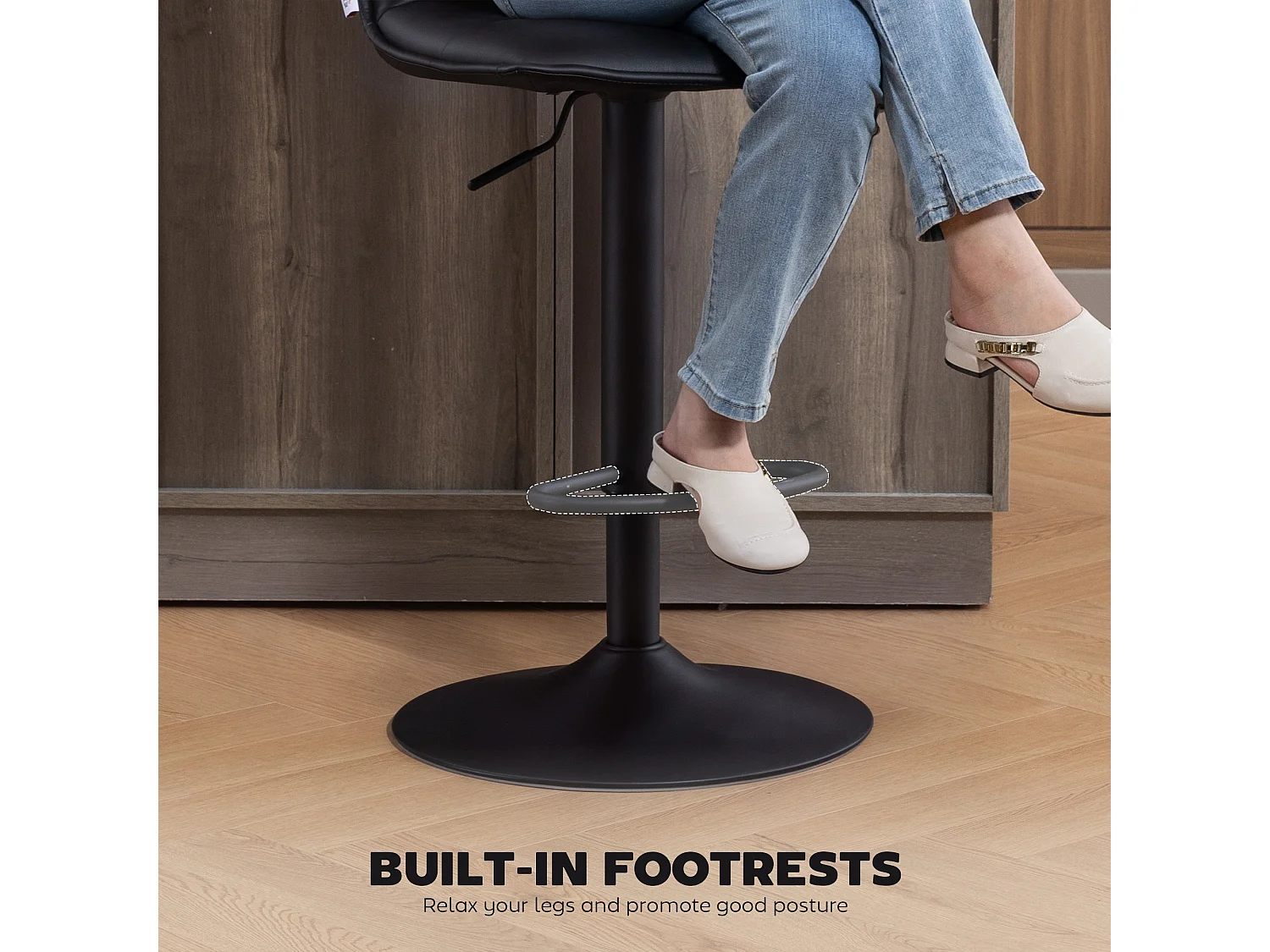 Miha Set of 2 Black Modern Faux Leather Adjustable Swivel Bar Stools