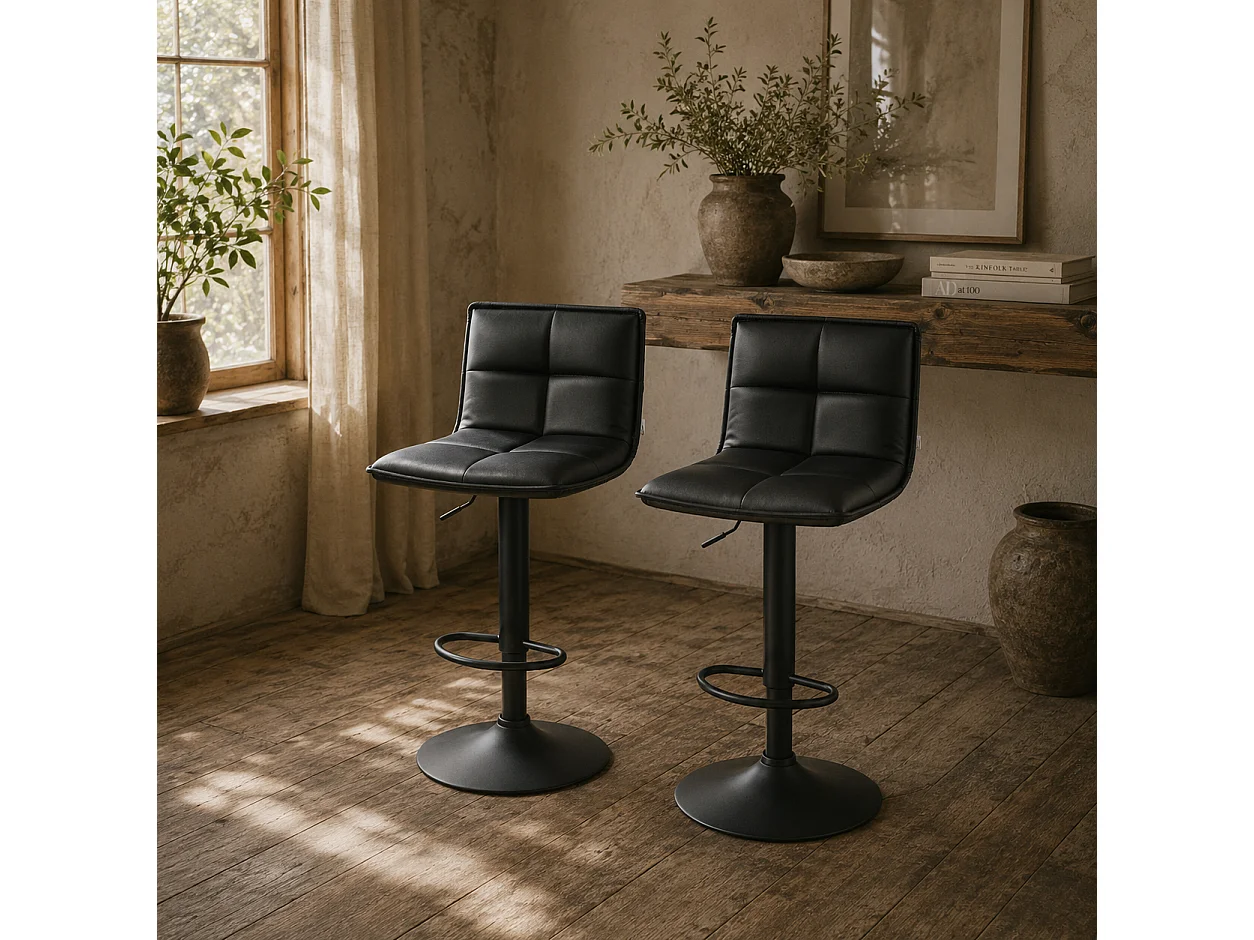 Miha Set of 2 Black Modern Faux Leather Adjustable Swivel Bar Stools