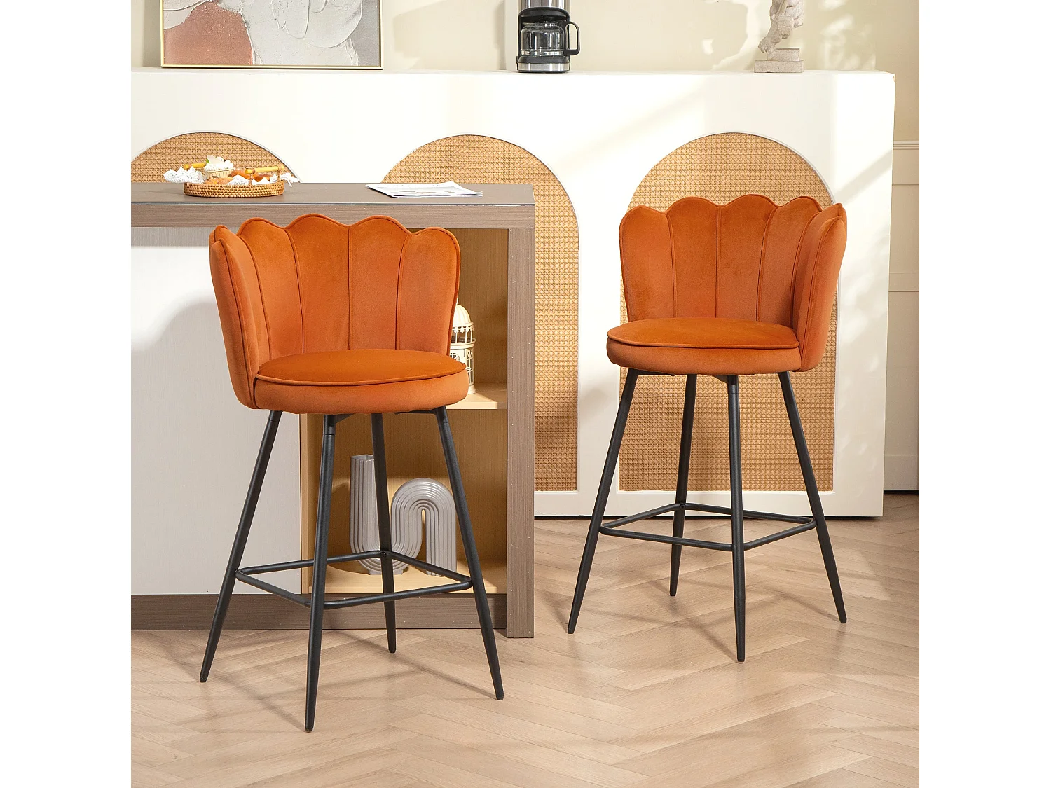 Nivi Set of 2 Orange Velvet Feel Lotus Bar Stools 97cm High