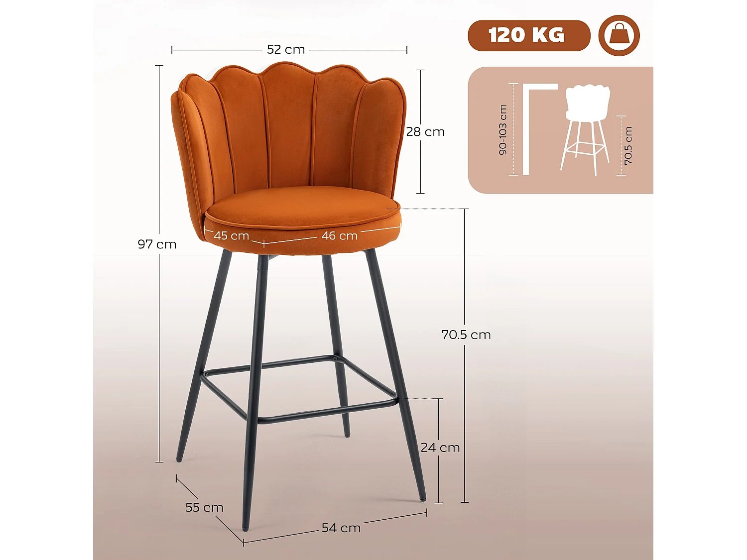 Nivi Set of 2 Orange Velvet Feel Lotus Bar Stools 97cm High