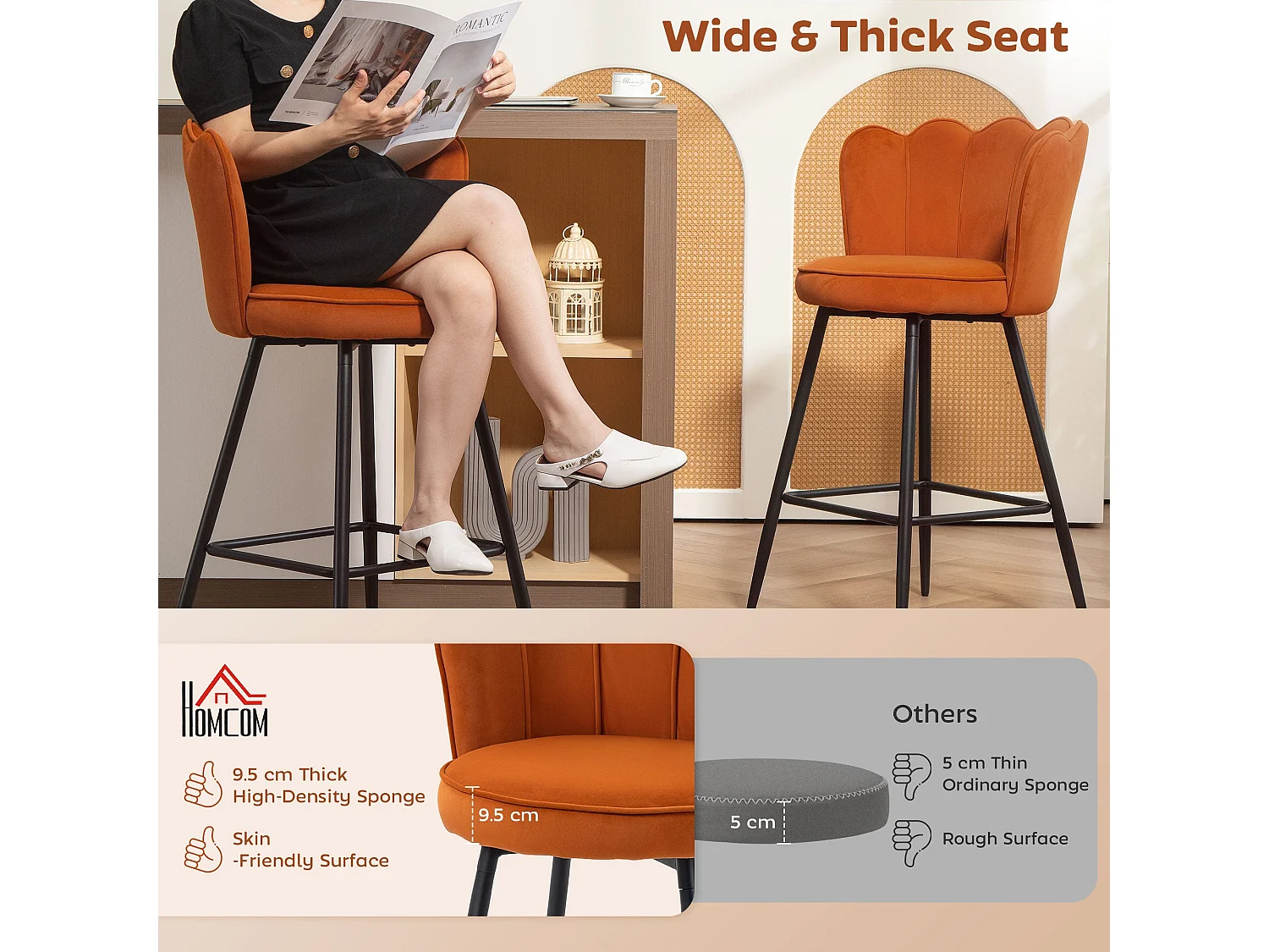 Nivi Set of 2 Orange Velvet Feel Lotus Bar Stools 97cm High
