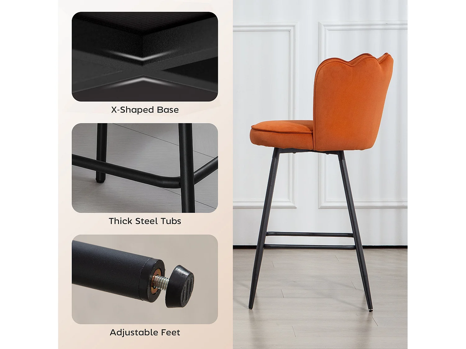 Nivi Set of 2 Orange Velvet Feel Lotus Bar Stools 97cm High