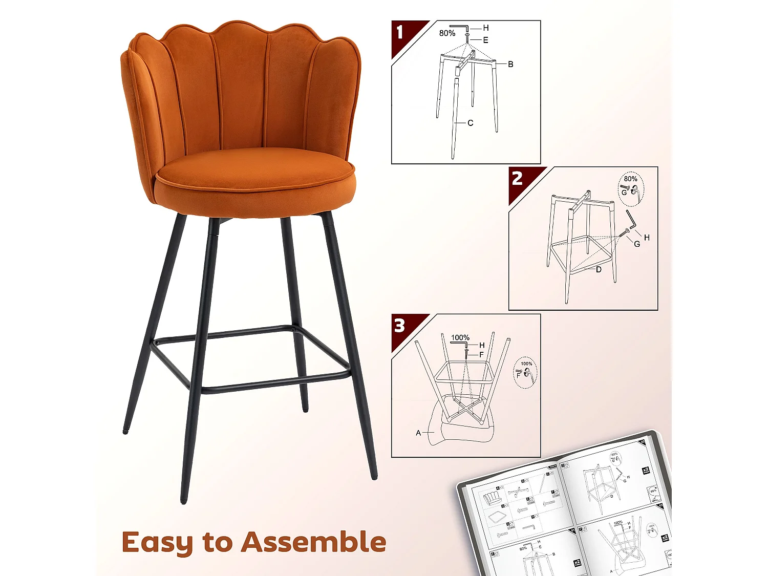 Nivi Set of 2 Orange Velvet Feel Lotus Bar Stools 97cm High