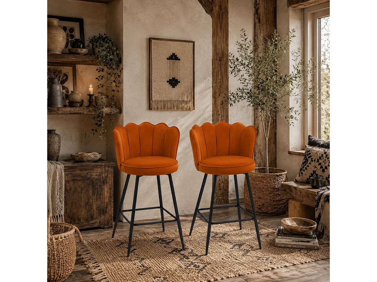 Nivi Set of 2 Orange Velvet Feel Lotus Bar Stools 97cm High