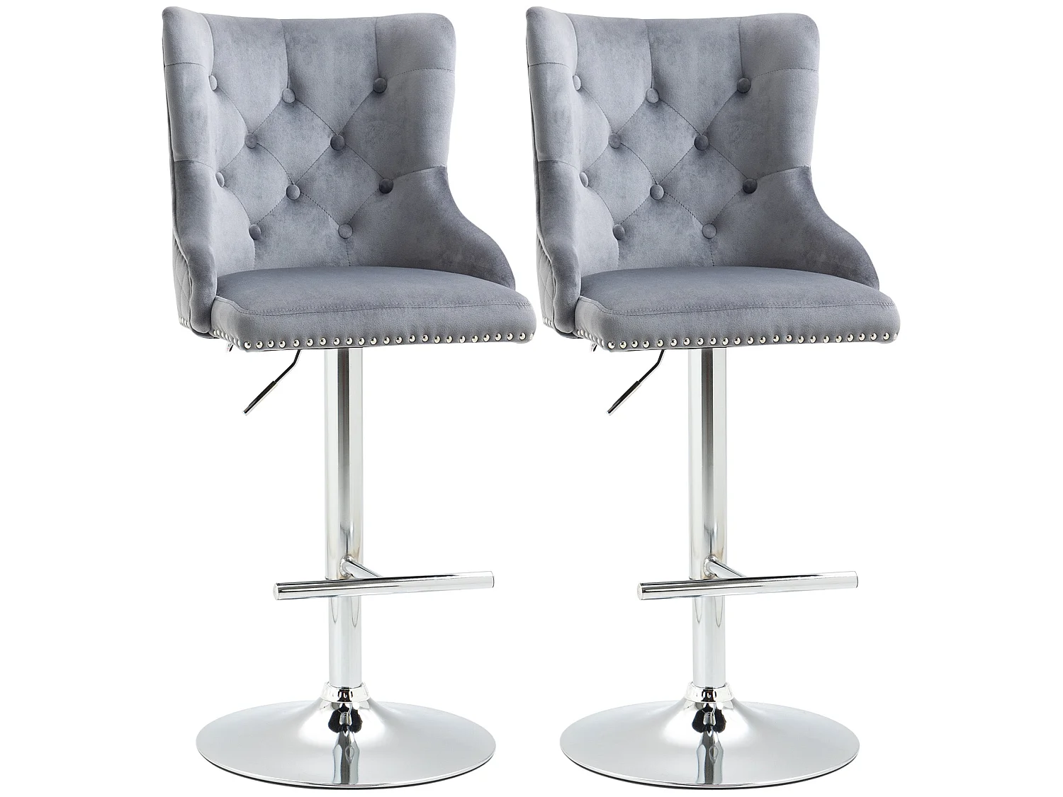 Set of 2 Grey Velvet Feel Adjustable Swivel Bar Stools with Tufted Back and Nailhead Trim