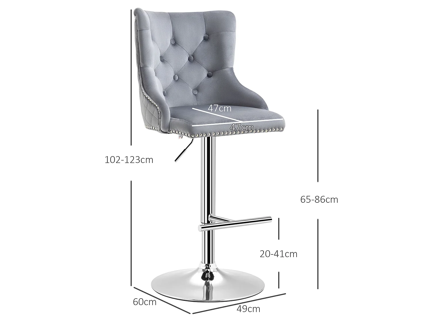 Set of 2 Grey Velvet Feel Adjustable Swivel Bar Stools with Tufted Back and Nailhead Trim