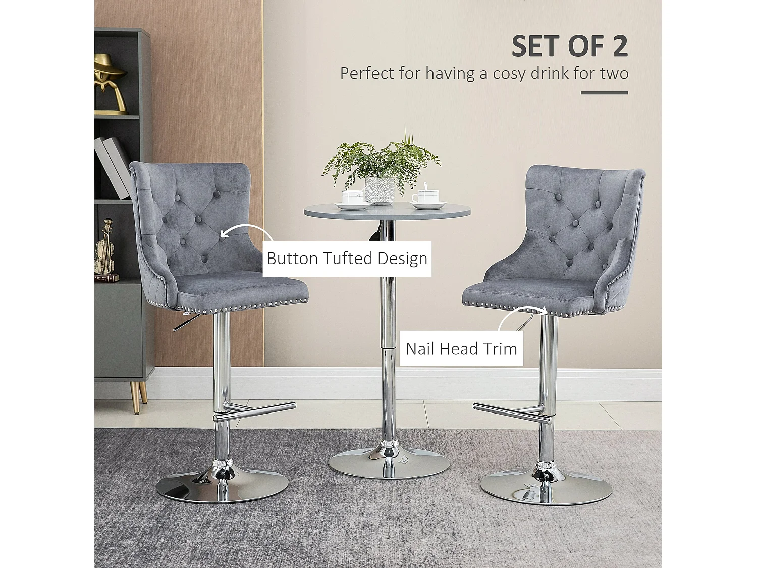 Set of 2 Grey Velvet Feel Adjustable Swivel Bar Stools with Tufted Back and Nailhead Trim