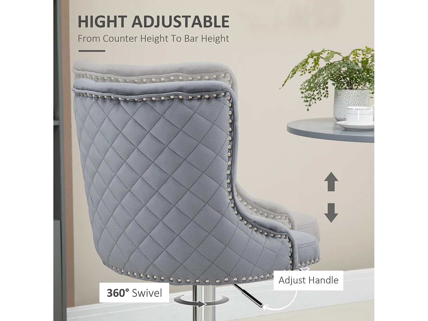 Set of 2 Grey Velvet Feel Adjustable Swivel Bar Stools with Tufted Back and Nailhead Trim