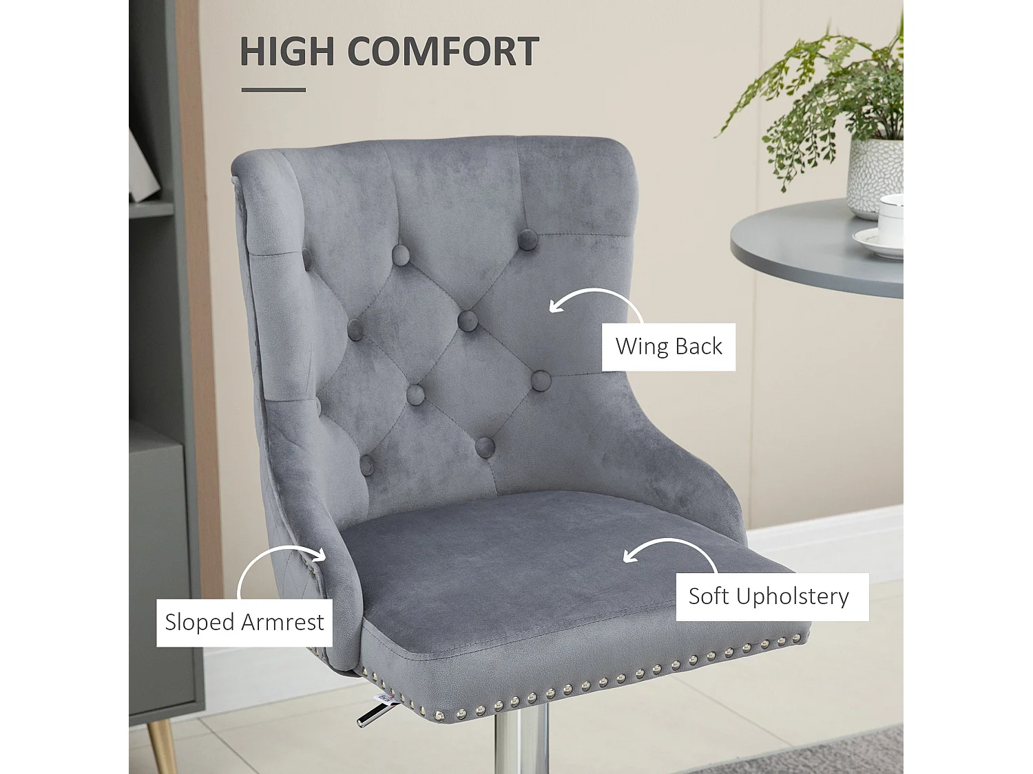 Set of 2 Grey Velvet Feel Adjustable Swivel Bar Stools with Tufted Back and Nailhead Trim