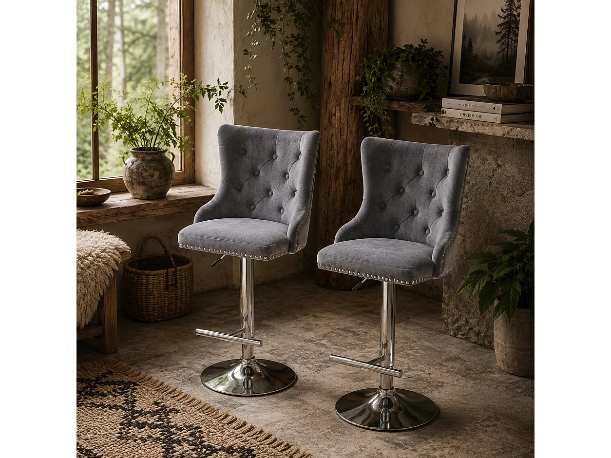 Set of 2 Grey Velvet Feel Adjustable Swivel Bar Stools with Tufted Back and Nailhead Trim