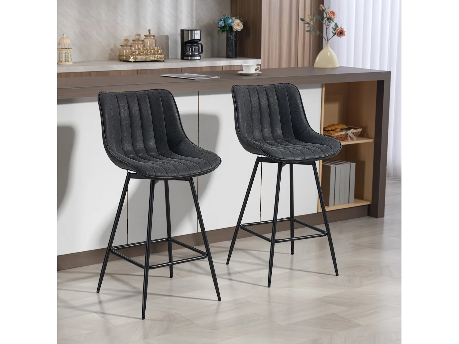 Lono Set of 2 Black Faux Leather Swivel Counter Stools