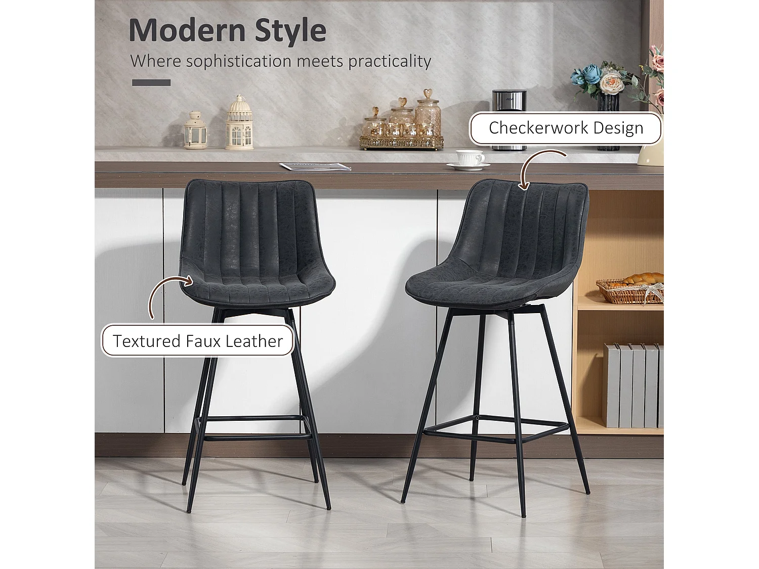Lono Set of 2 Black Faux Leather Swivel Counter Stools